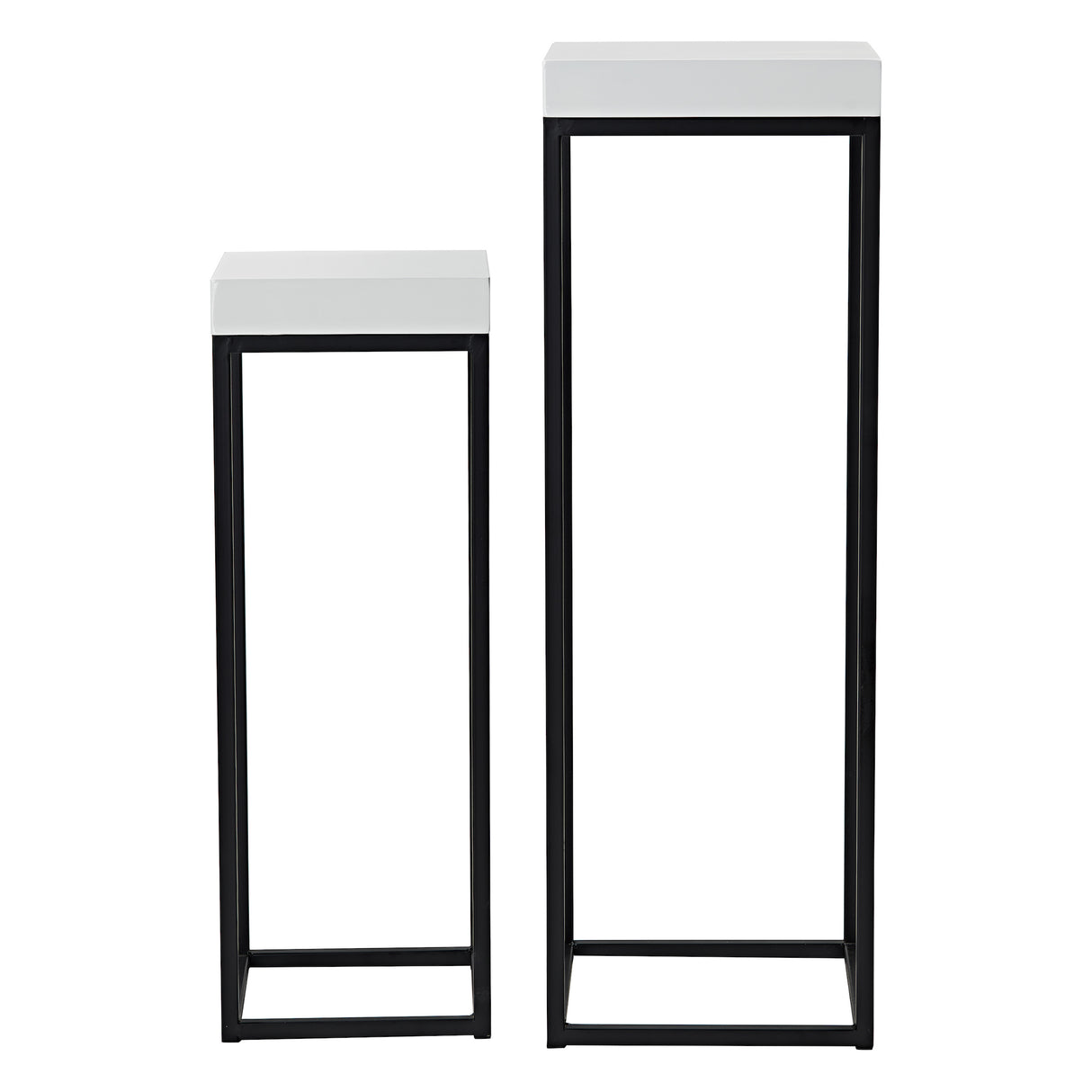 Two modern minimalist black metal frame pedestal stands with white square tops