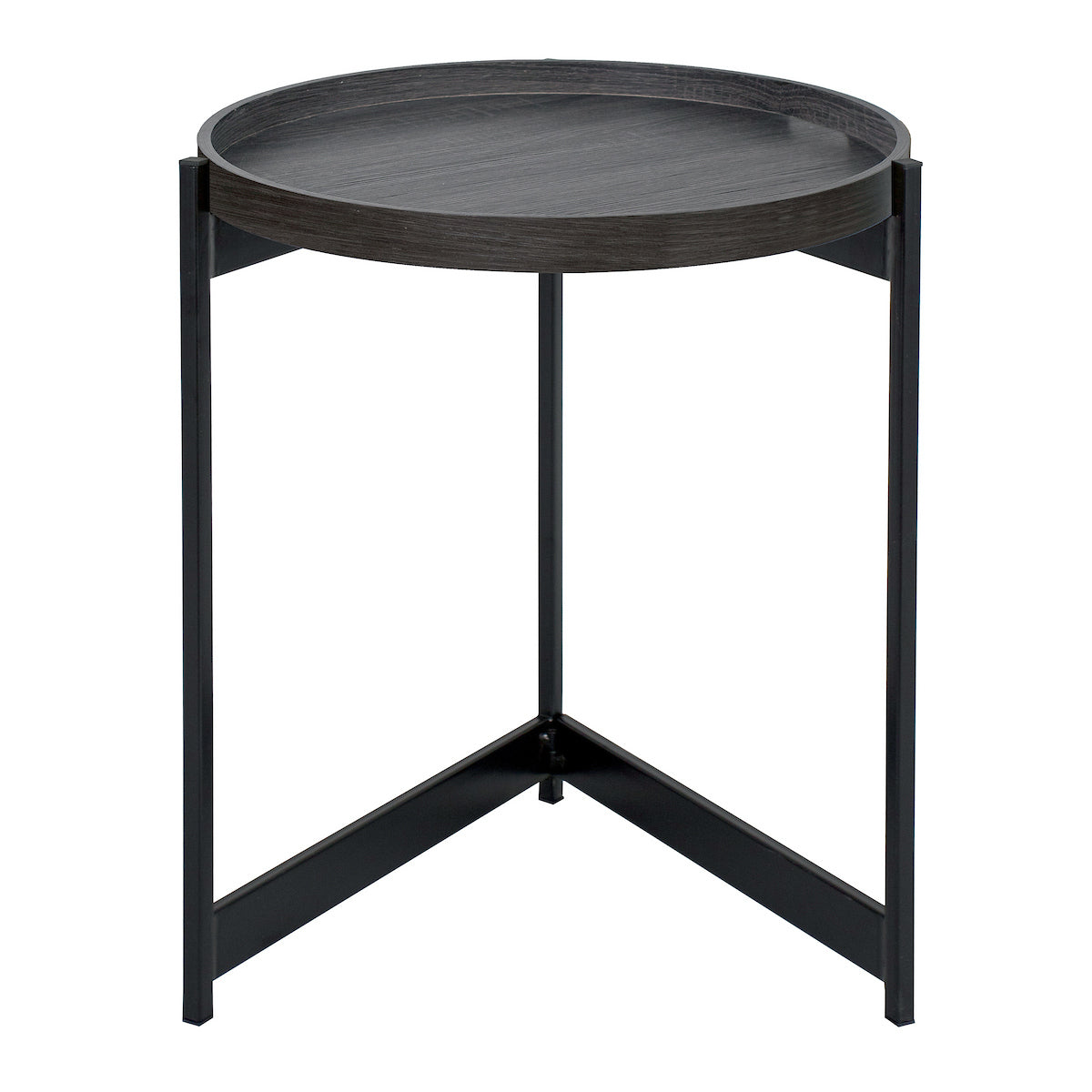 Round dark wood tray side table with black metal legs and modern minimalist design