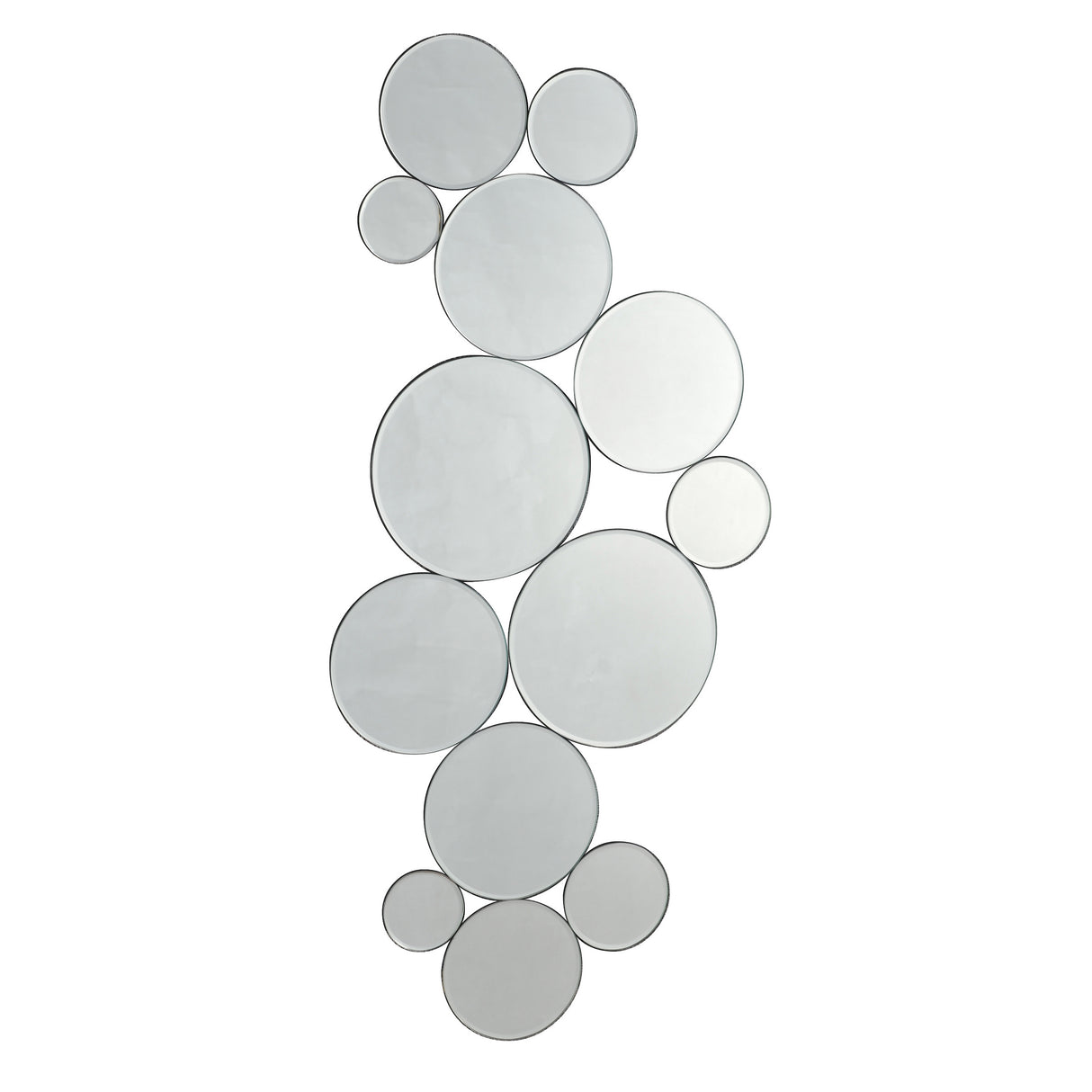Modern wall decor with multiple round circular mirrors in varying sizes arranged vertically