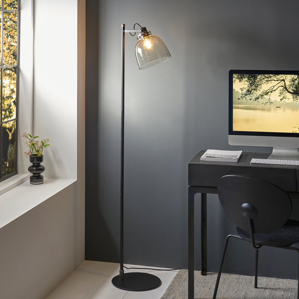 Endon Urban Task Floor Lamp Smokey grey tinted glass & black chrome