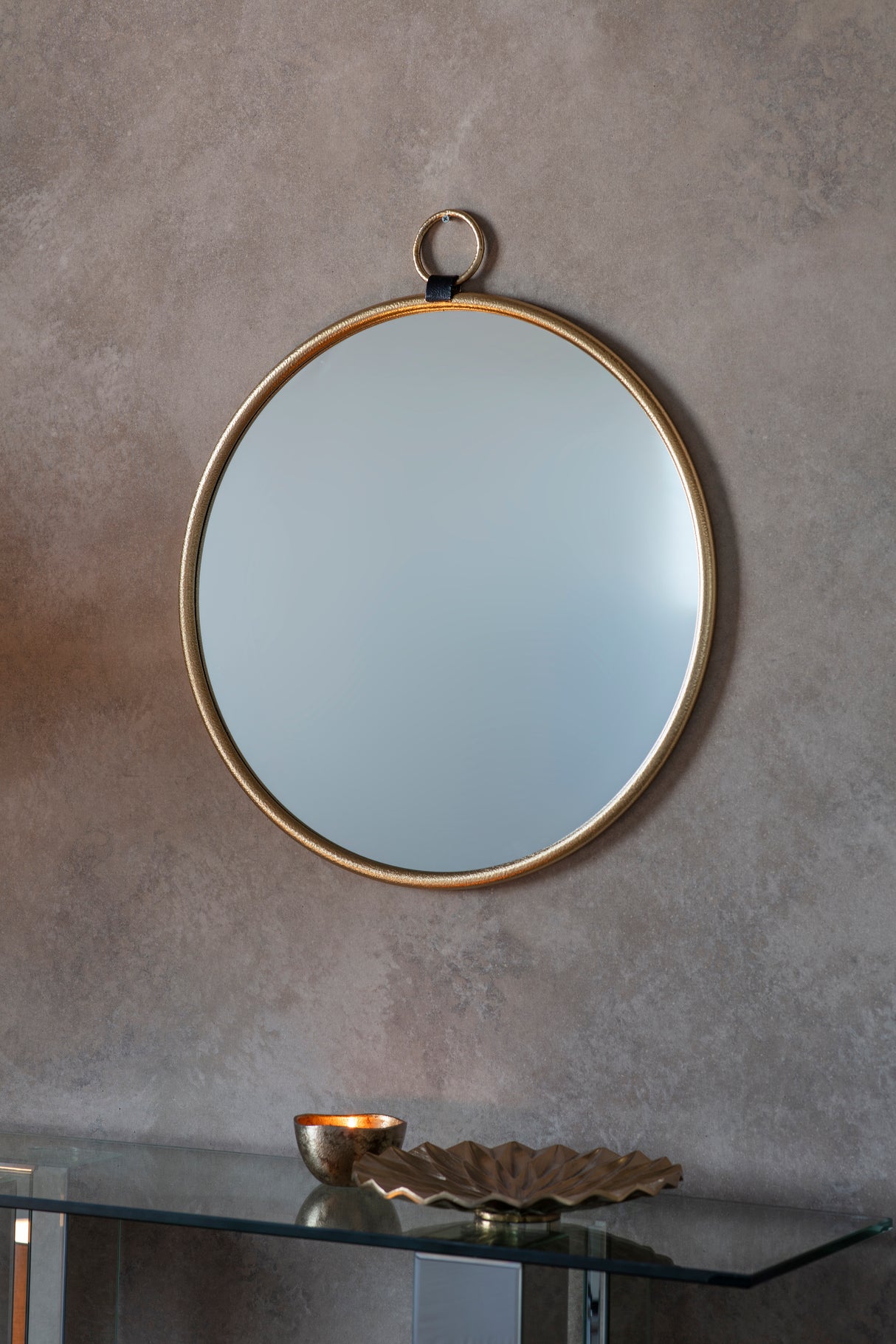 Amos Satin gold hanging loop large round mirror – from Amos Lighting + Home