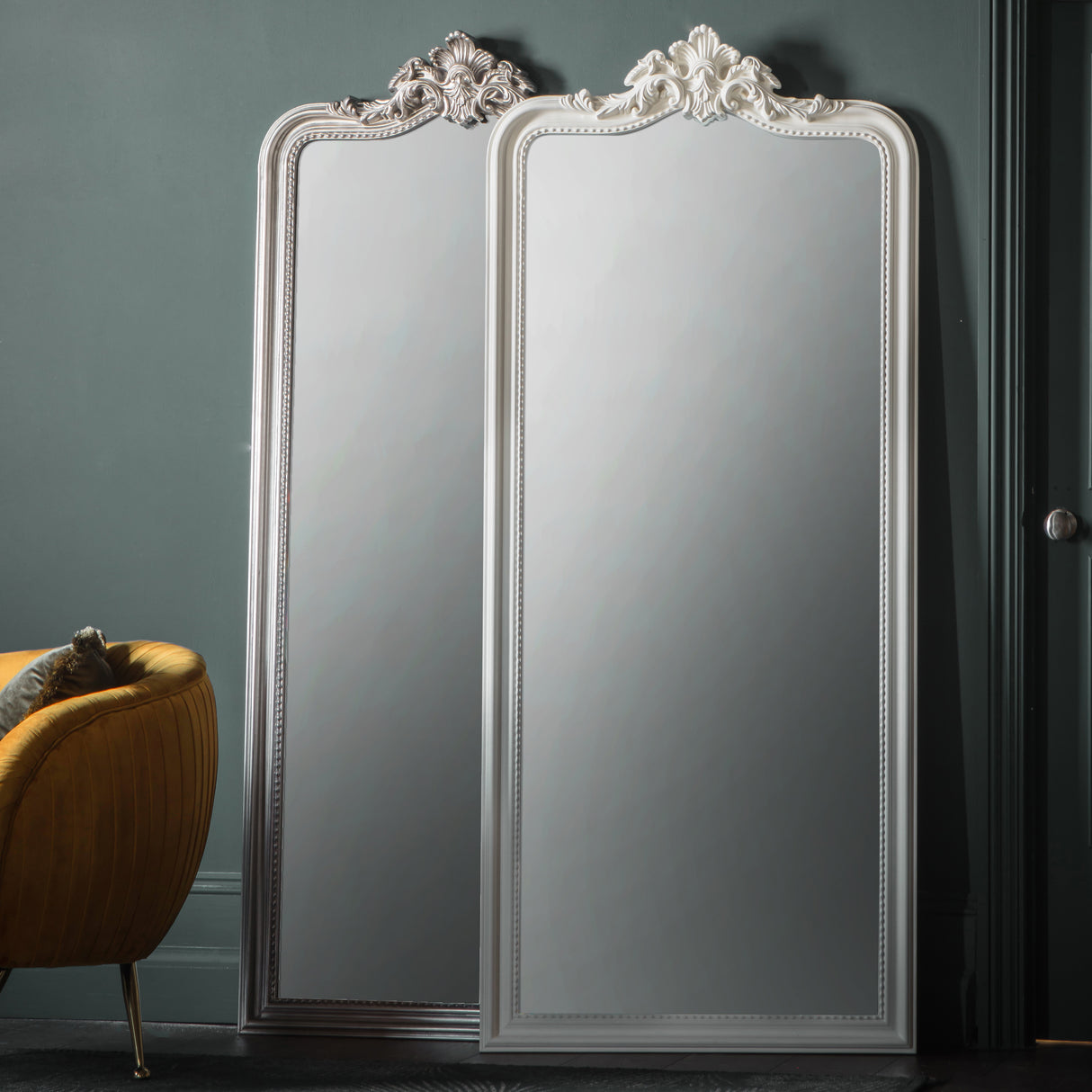 Amos Satin silver and ornate leaner mirror – from Amos Lighting + Home