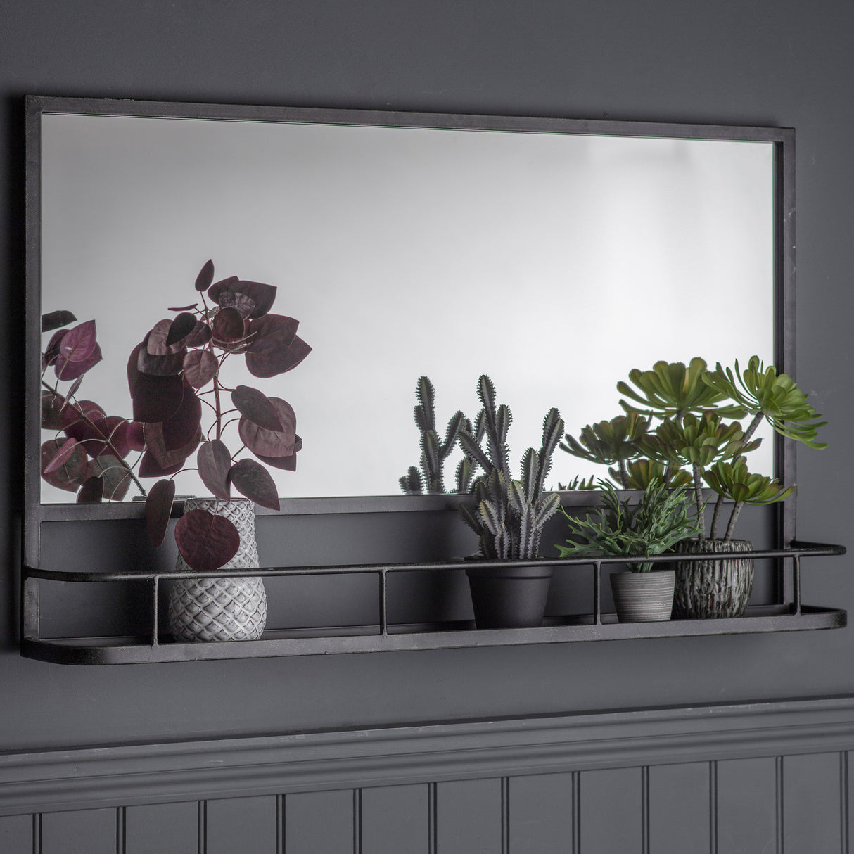 Amos Charcoal black rectangular mirror with shelf – from Amos Lighting + Home