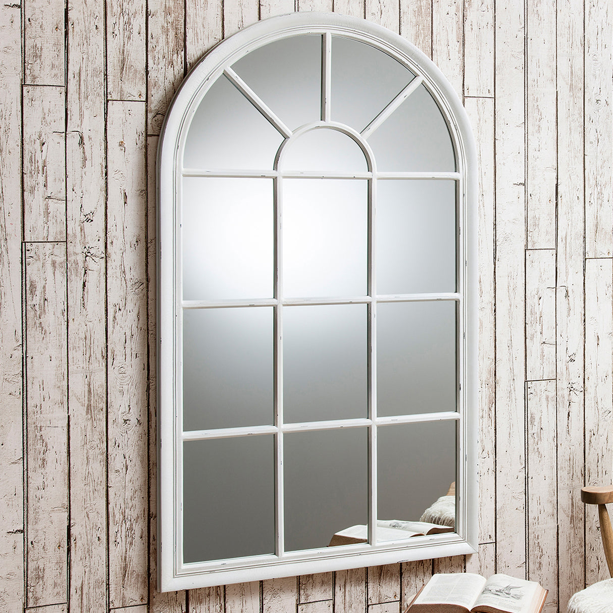 Amos Distressed white wood arch window mirror – from Amos Lighting + Home