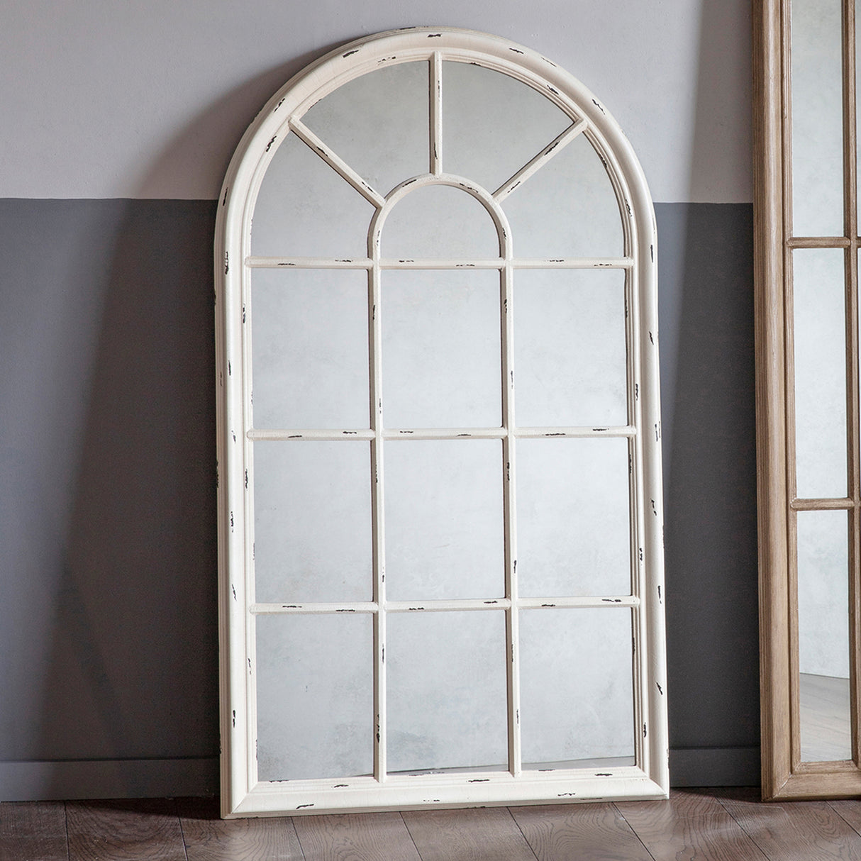 Amos Distressed white wood arch window mirror – from Amos Lighting + Home