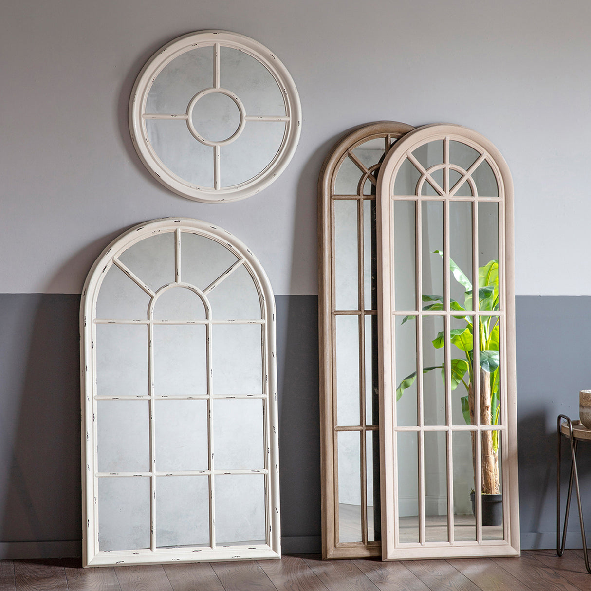 Amos Distressed white wood arch window mirror – from Amos Lighting + Home