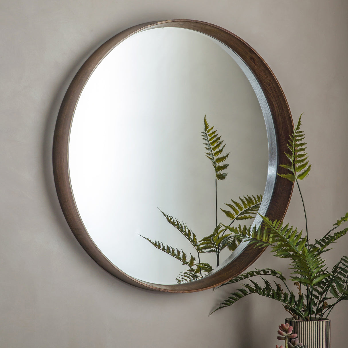 Amos Walnut stained wood large round mirror – from Amos Lighting + Home