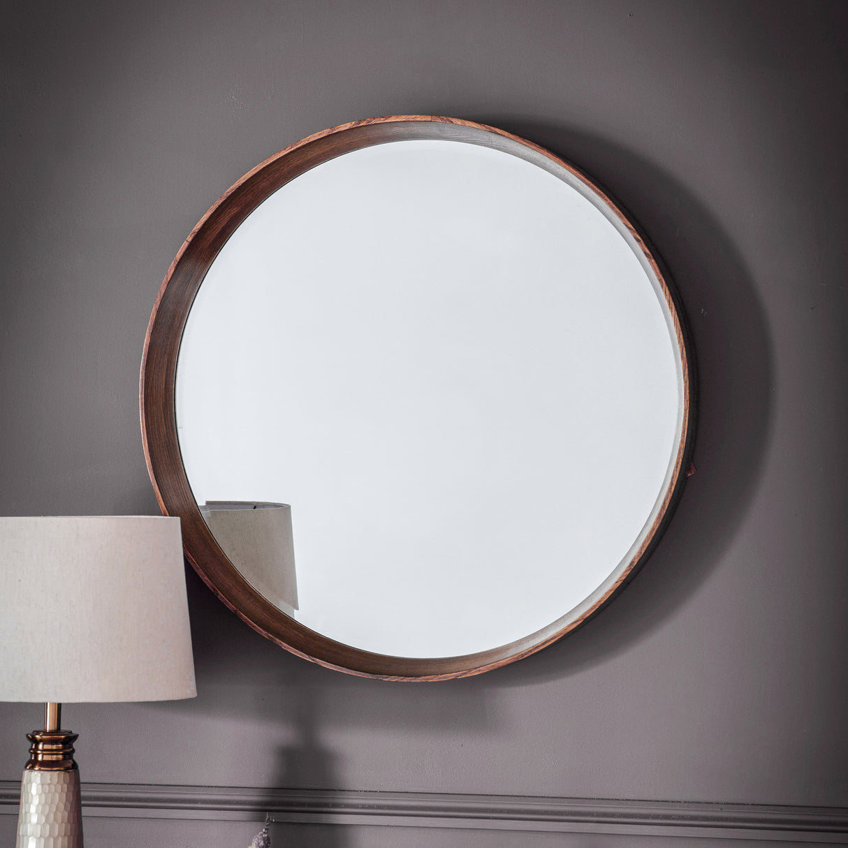 Amos Walnut stained wood medium round mirror – from Amos Lighting + Home