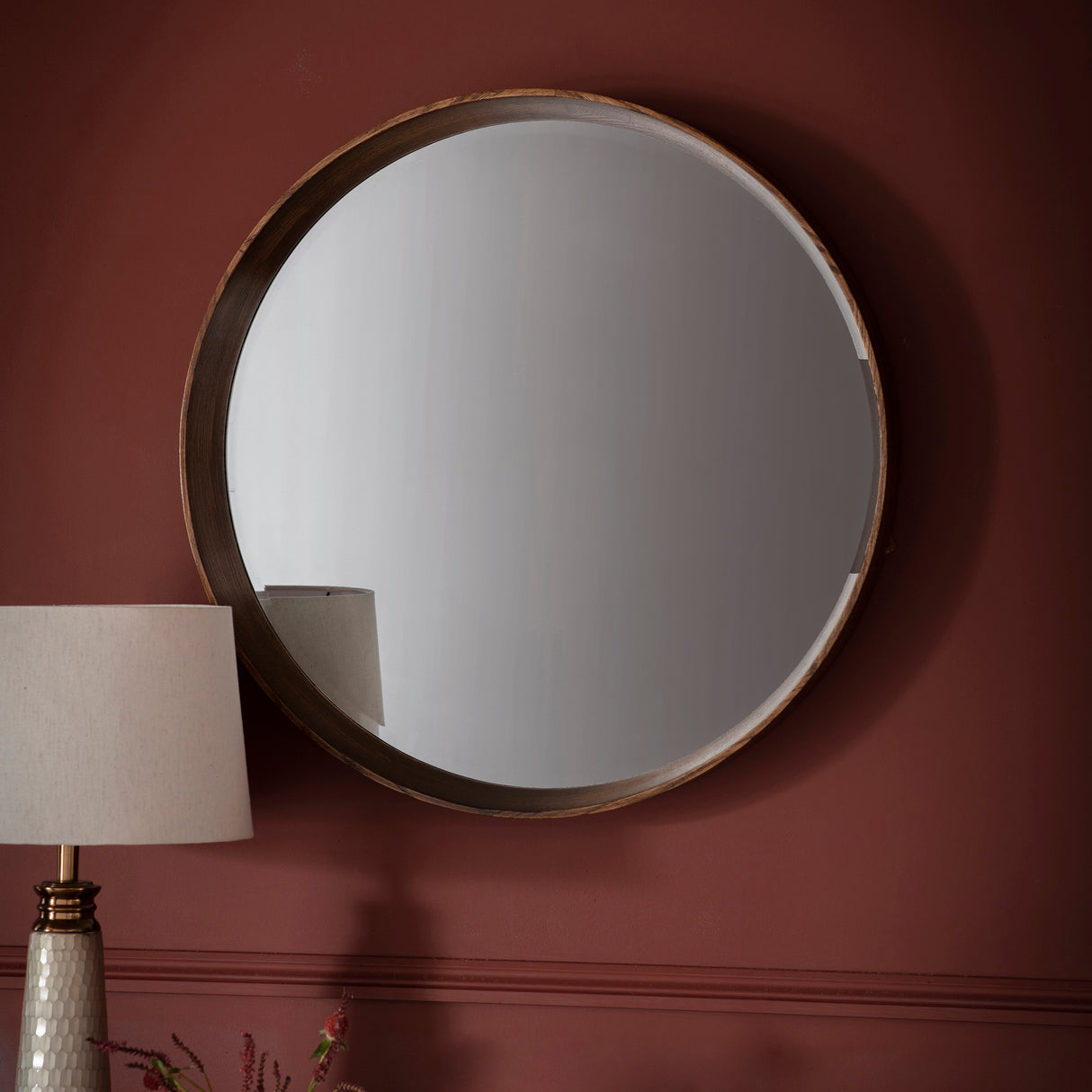 Amos Walnut stained wood medium round mirror – from Amos Lighting + Home