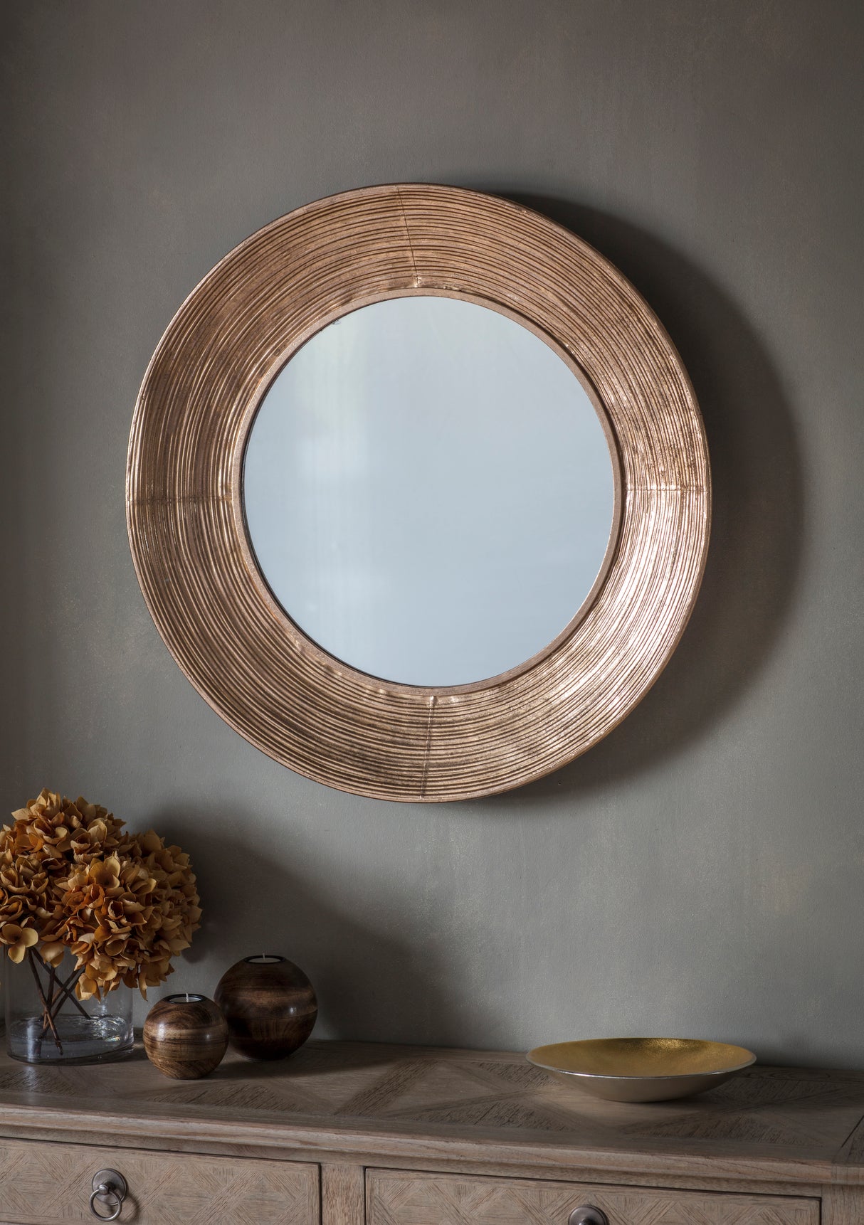 Amos Aged gold concaved frame round mirror – from Amos Lighting + Home