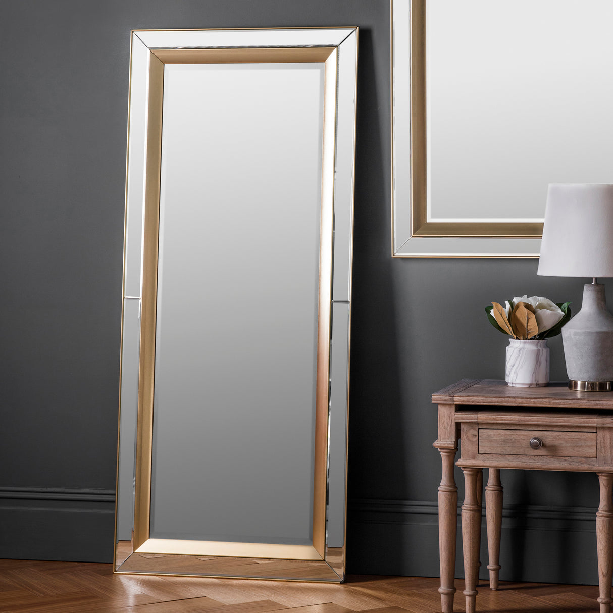 Amos Brushed gold bevelled edge leaner mirror – from Amos Lighting + Home