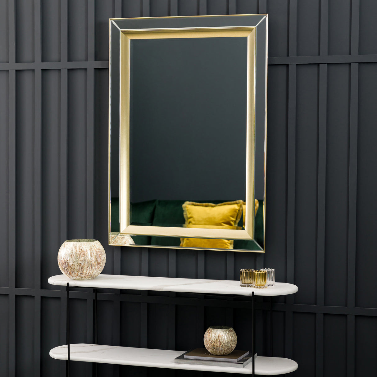 Amos Brushed gold bevelled medium rectangle mirror – from Amos Lighting + Home