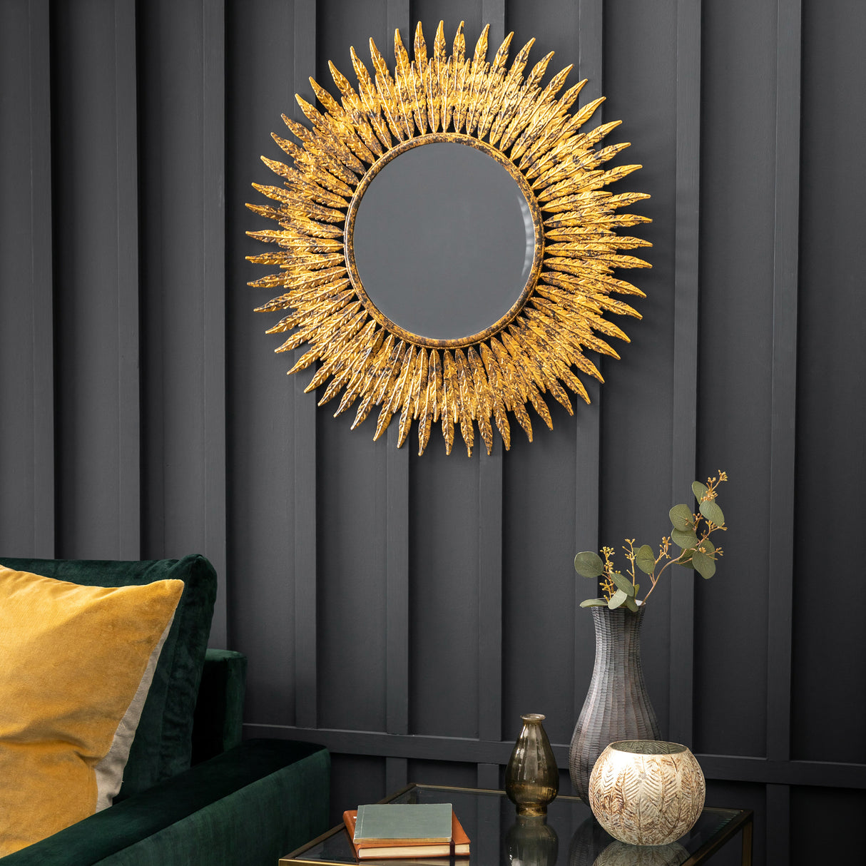Amos Aged gold feathered frame round mirror – from Amos Lighting + Home