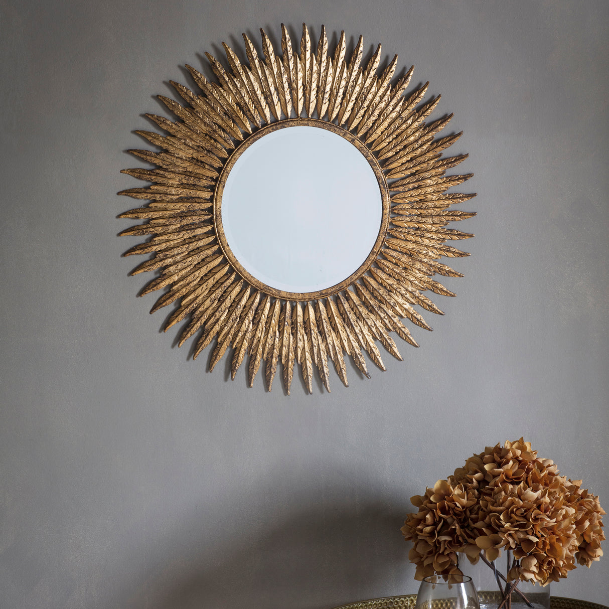 Amos Aged gold feathered frame round mirror – from Amos Lighting + Home
