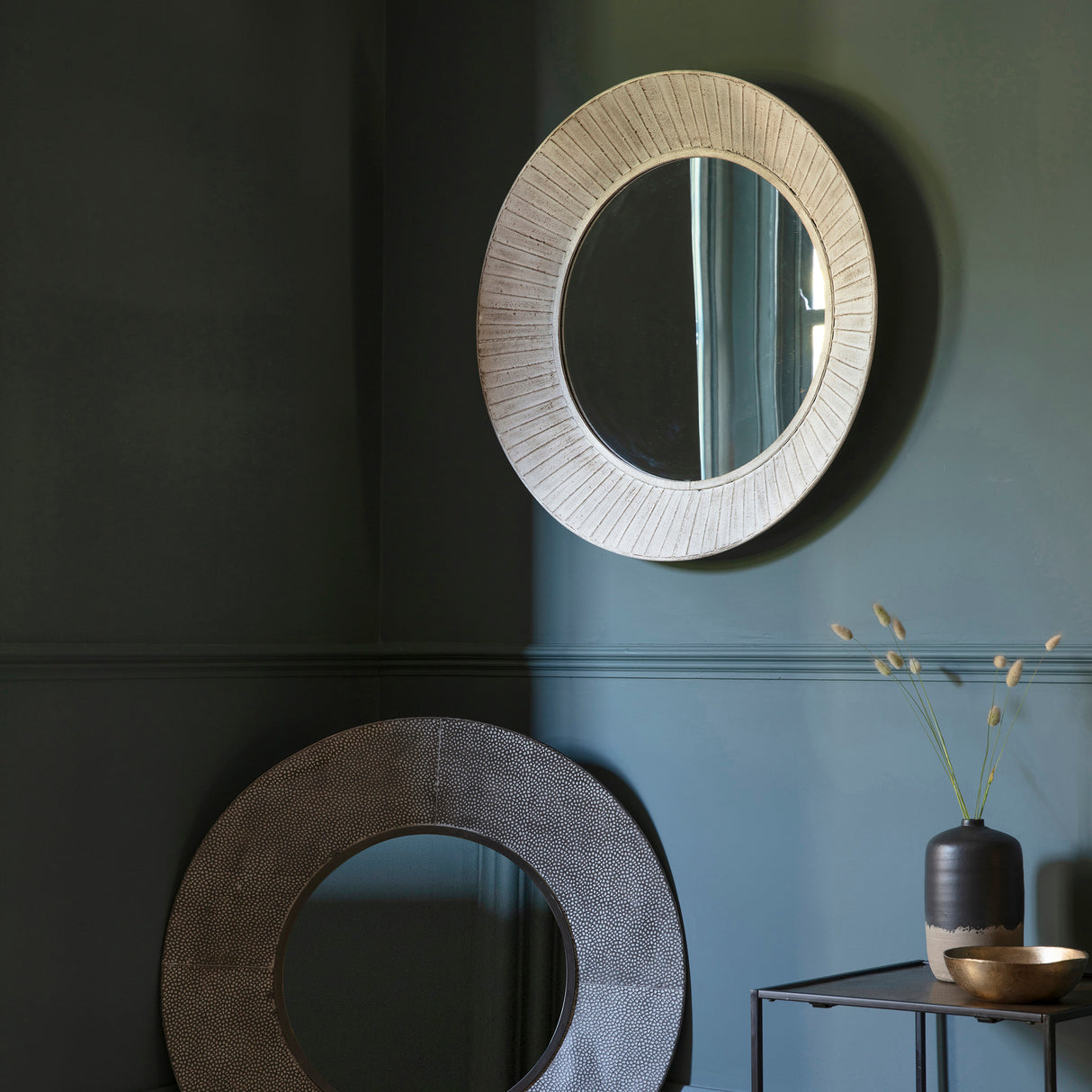 Amos Distressed cream wooden round mirror – from Amos Lighting + Home