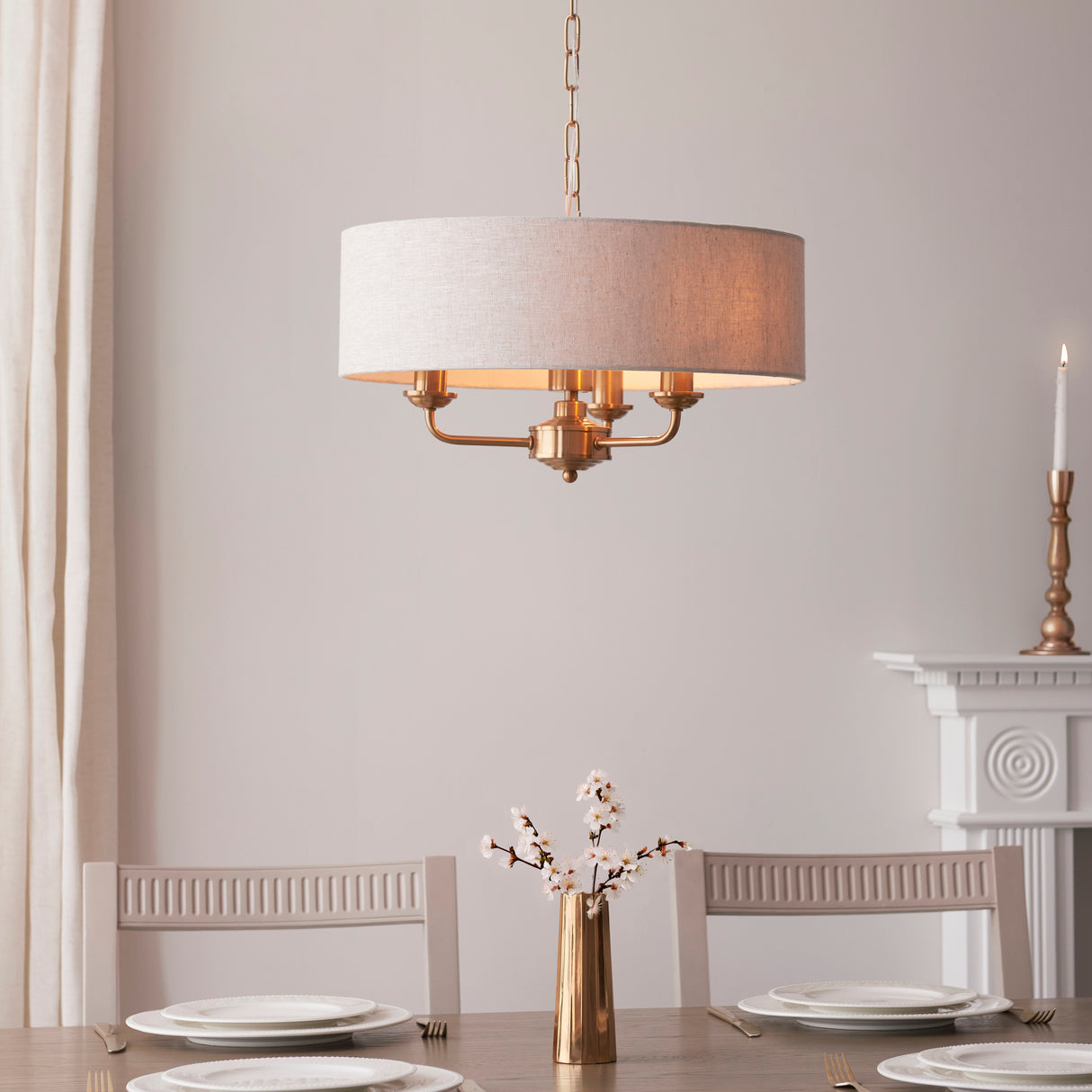 Endon Highclere 3lt Pendant Vintage Brass & Linen
