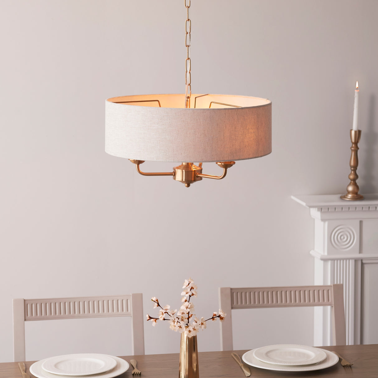 Endon Highclere 3lt Pendant Vintage Brass & Linen