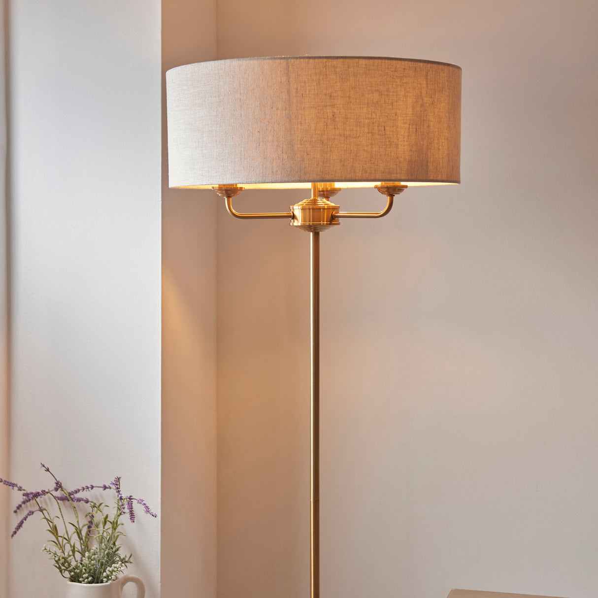 Endon Highclere Floor Lamp Vintage Brass & Linen