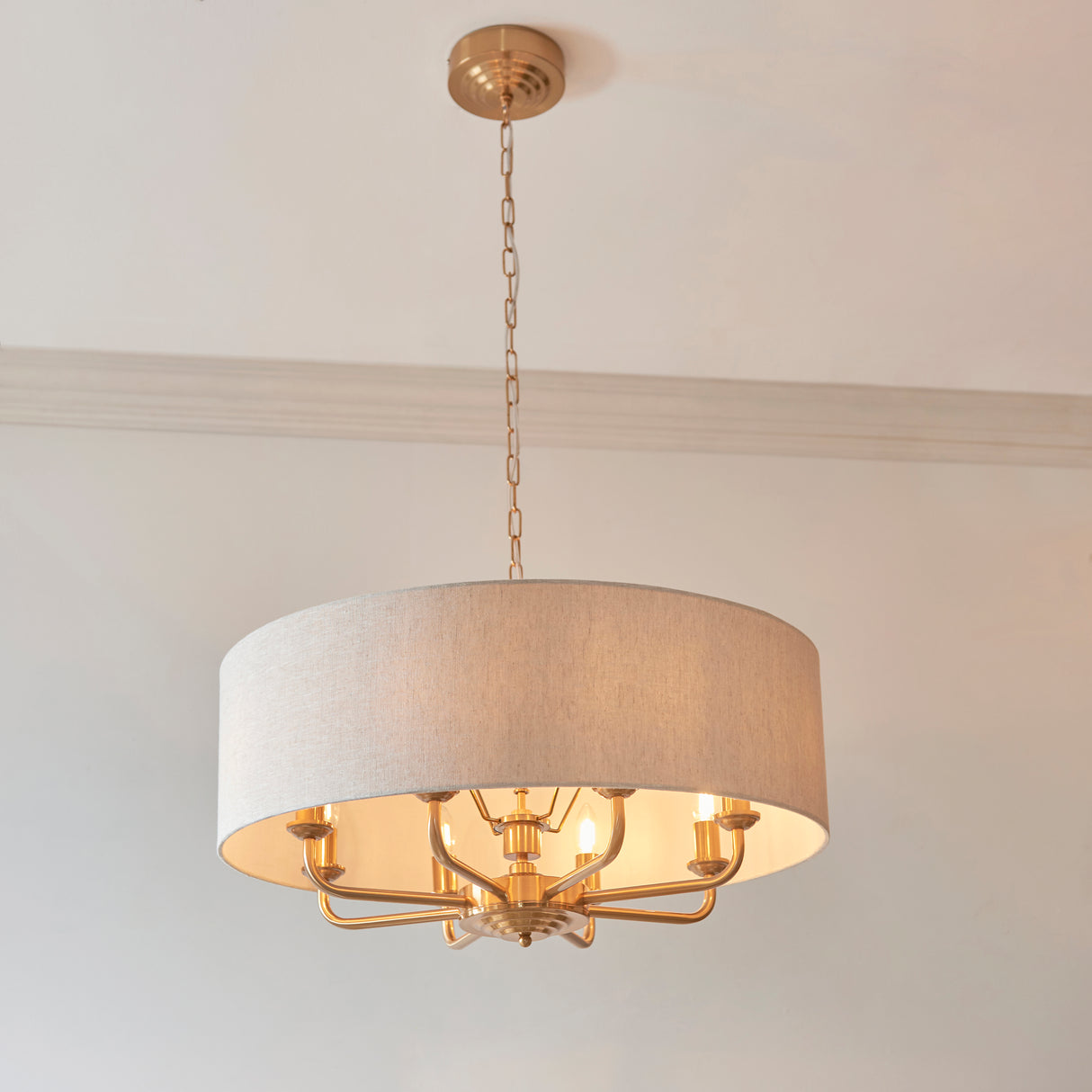 Endon Highclere 8lt Pendant Vintage Brass & Linen