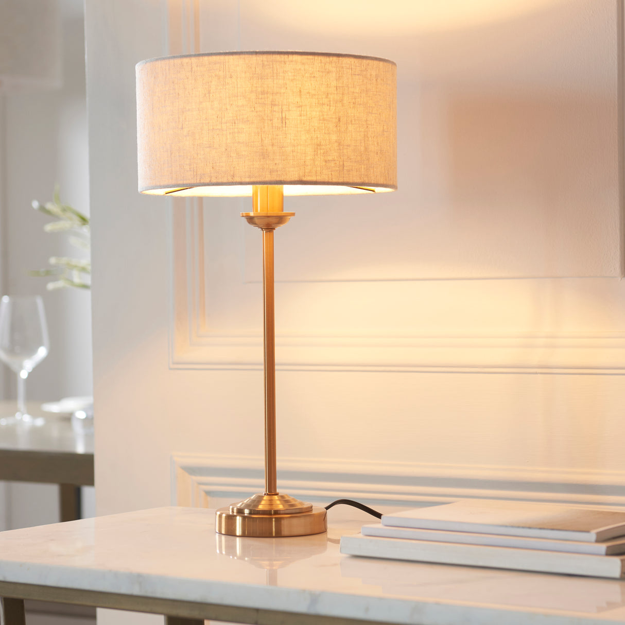 Endon Highclere Single Stem Table Lamp Vintage Brass & Linen