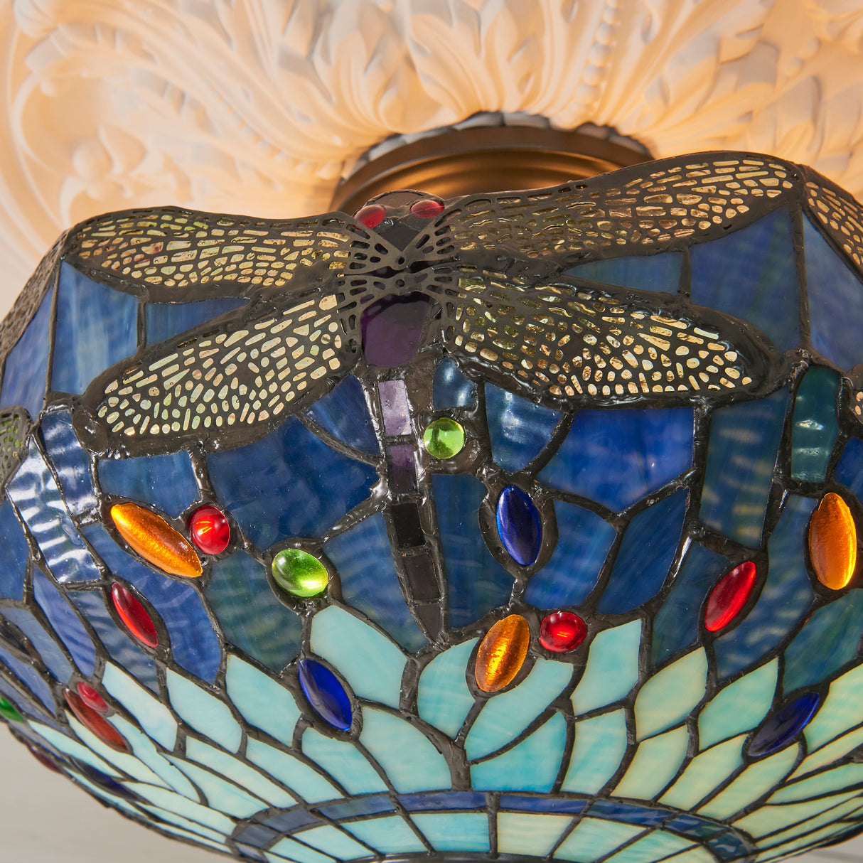 Tiffany Dragonfly Blue 3lt Semi Flush Ceiling Light