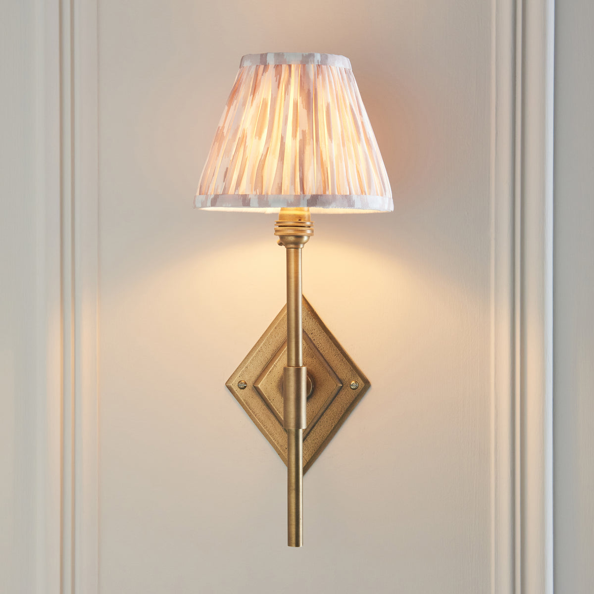 Endon Diamond Tall & Ikat 16cm Wall Antique brass & neutral print fabric