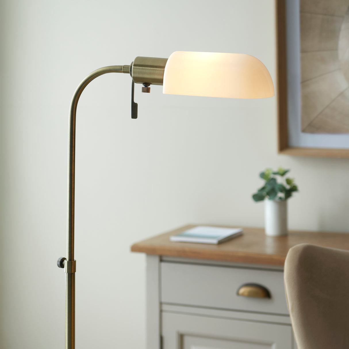 Endon Pharmacy Reading Floor Lamp Antique Brass with Opal Glass