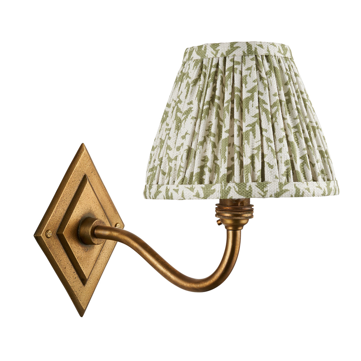 Endon Diamond Curve & Leaf 16cm Wall Antique brass & herb garden green fabric