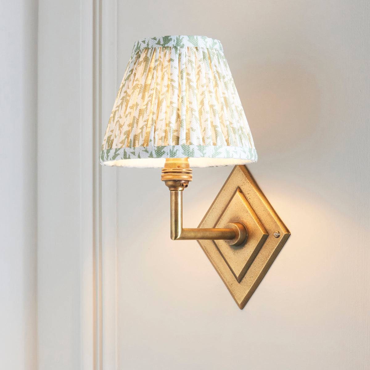 Endon Diamond Angle & Leaf 16cm Wall Antique brass & herb garden green fabric