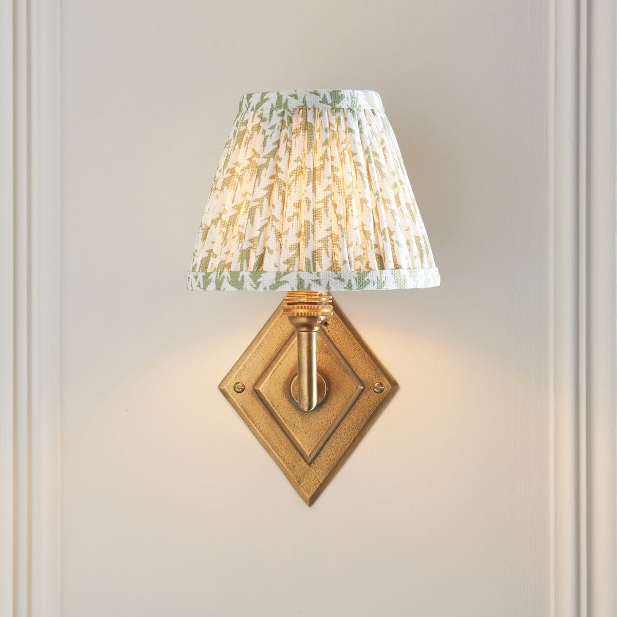 Endon Diamond Angle & Leaf 16cm Wall Antique brass & herb garden green fabric