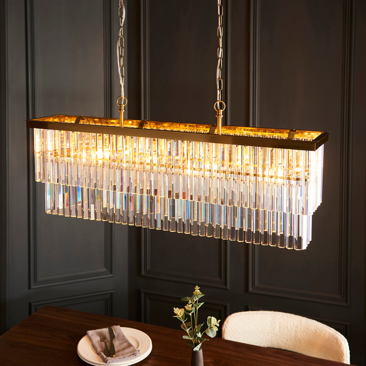 Endon Conaston 4lt Linear Pendant Brushed aged brass plate & clear cut glass