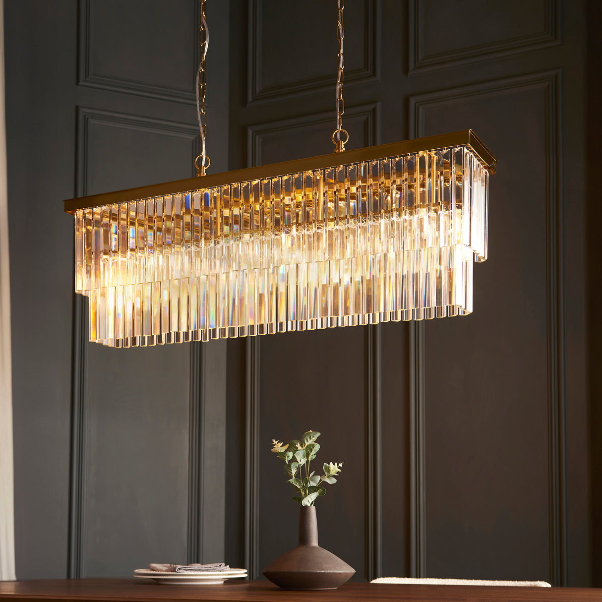 Endon Conaston 4lt Linear Pendant Brushed aged brass plate & clear cut glass