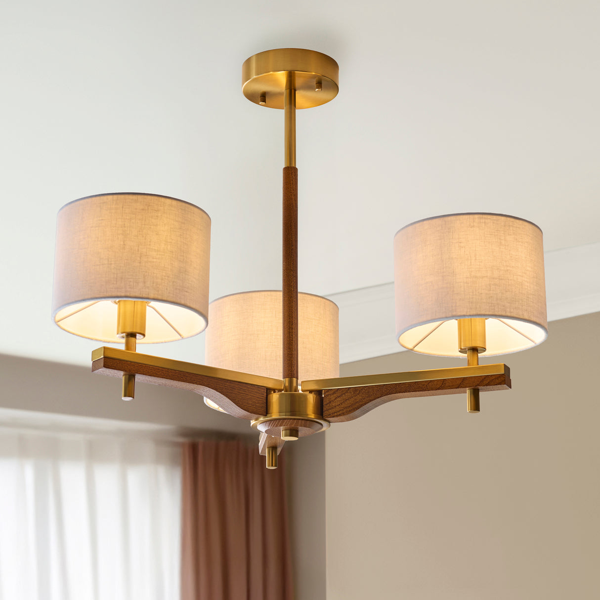 Endon Heathcliff 3lt Semi Flush Brass, Oak Stained Wood & Shade