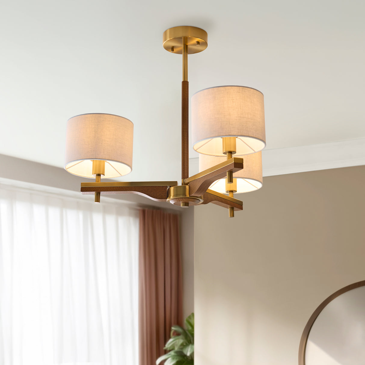 Endon Heathcliff 3lt Semi Flush Brass, Oak Stained Wood & Shade