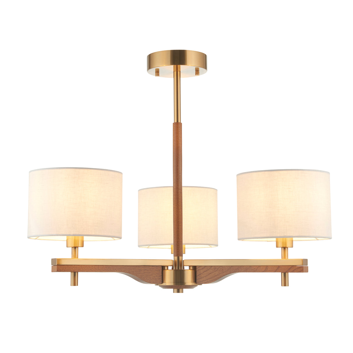 Endon Heathcliff 3lt Semi Flush Brass, Oak Stained Wood & Shade
