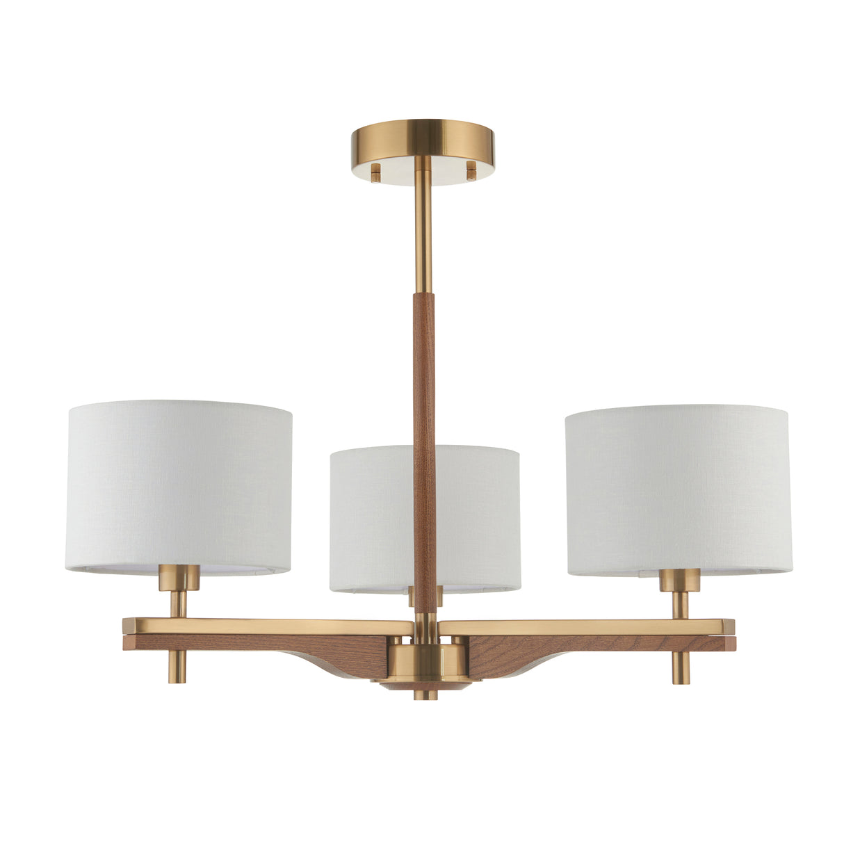 Endon Heathcliff 3lt Semi Flush Brass, Oak Stained Wood & Shade