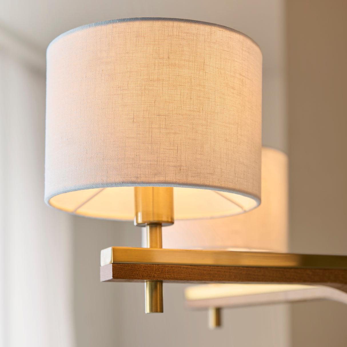 Endon Heathcliff 5lt Pendant Chandelier Brass, Oak Stained Wood & Shades