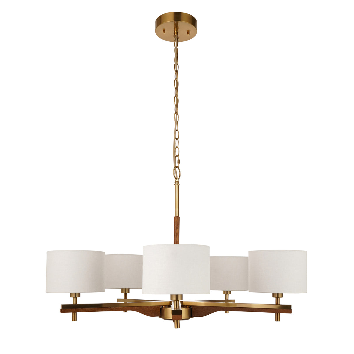 Endon Heathcliff 5lt Pendant Chandelier Brass, Oak Stained Wood & Shades