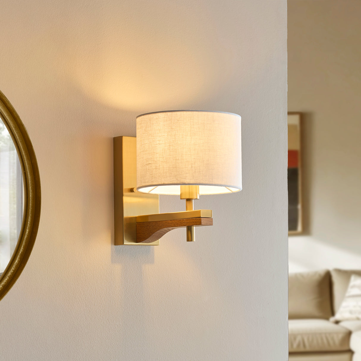 Endon Heathcliff Wall Light Brass, Oak Stained Wood & Shade