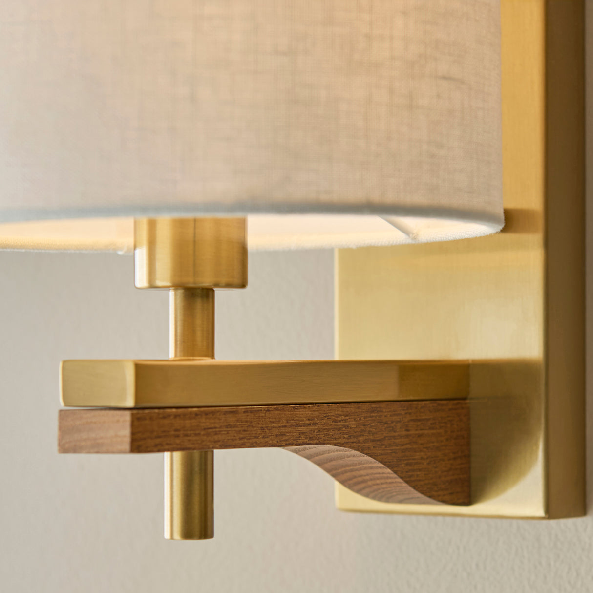 Endon Heathcliff Wall Light Brass, Oak Stained Wood & Shade