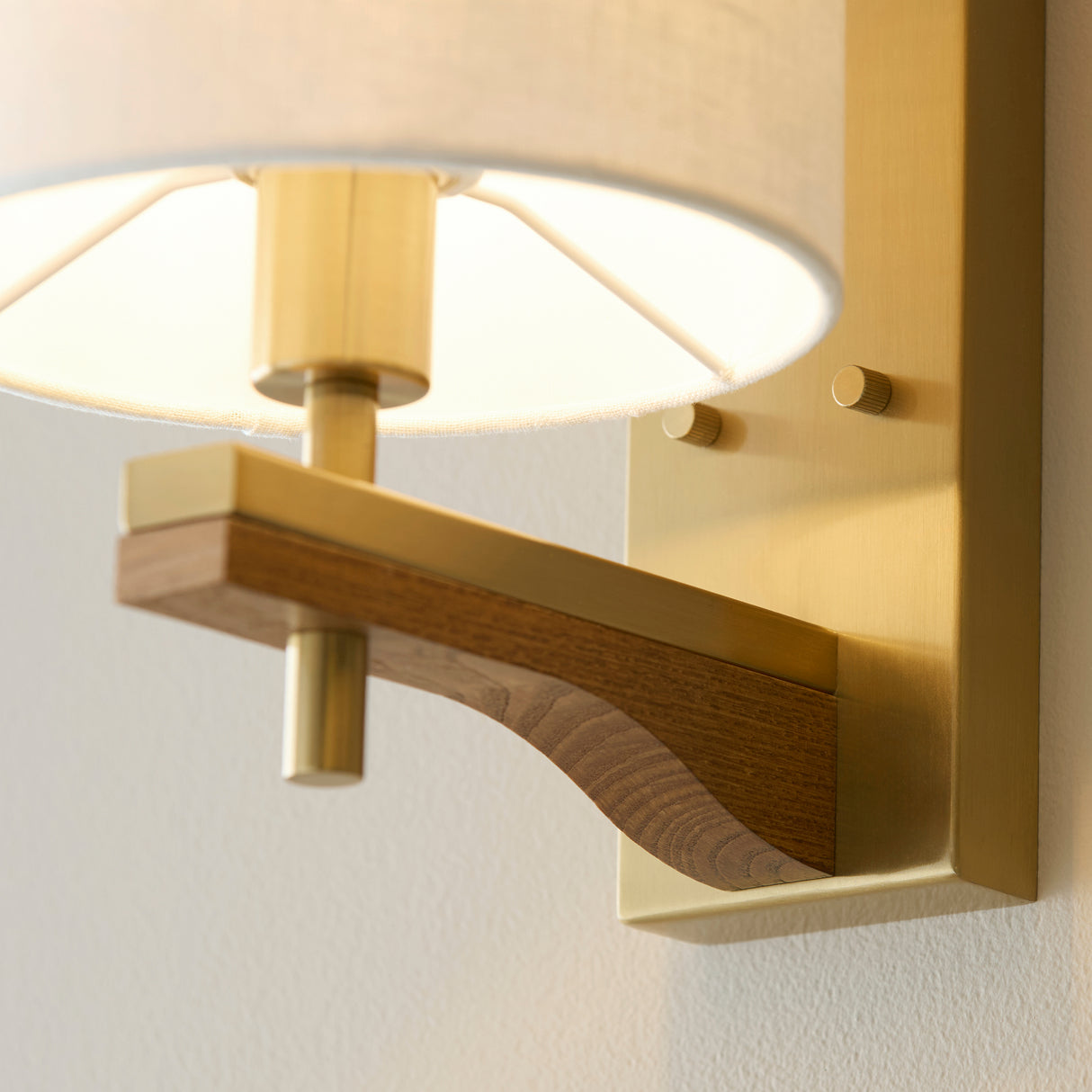 Endon Heathcliff Wall Light Brass, Oak Stained Wood & Shade