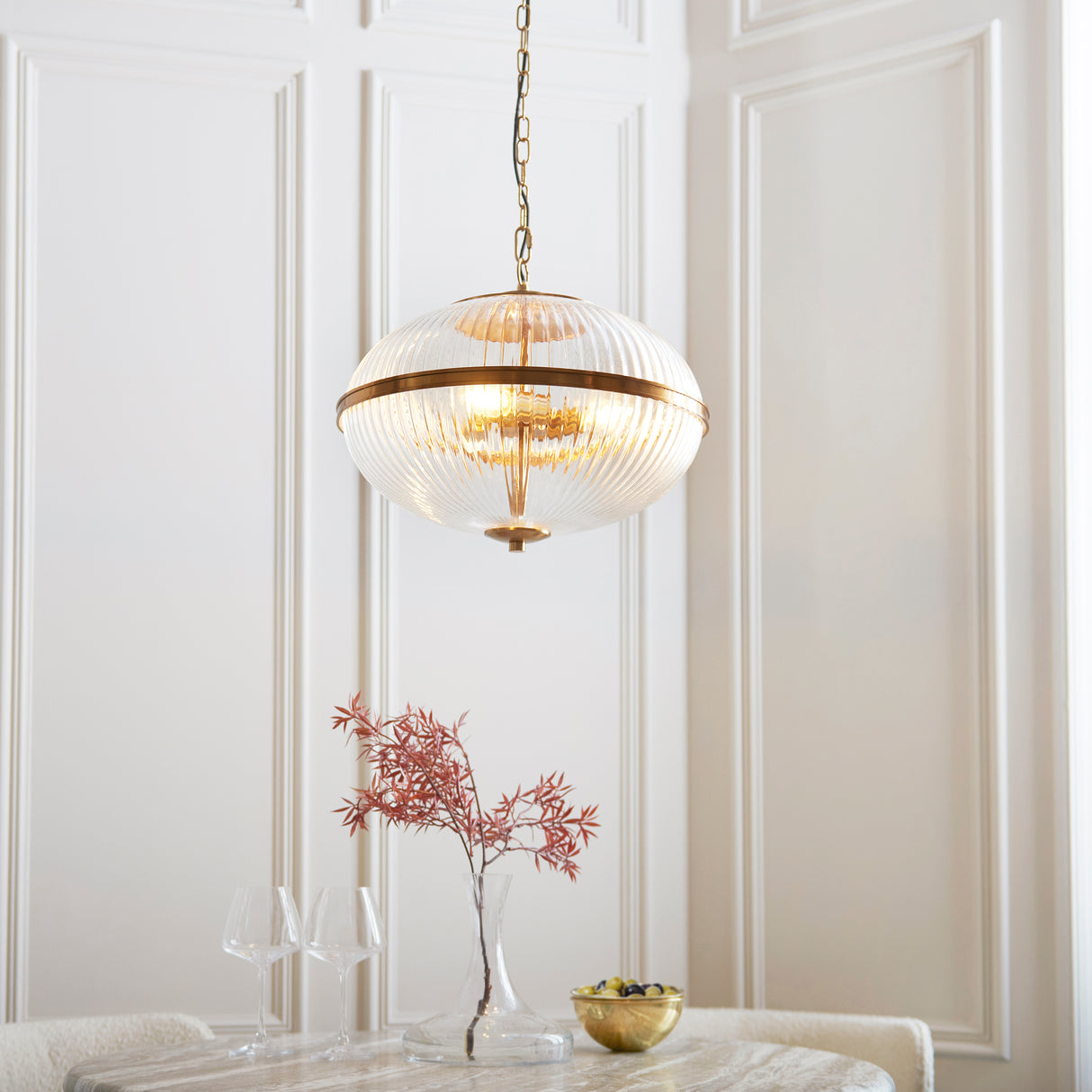 Endon Somerset 3lt Pendant Vintage brass finish & clear ribbed glass