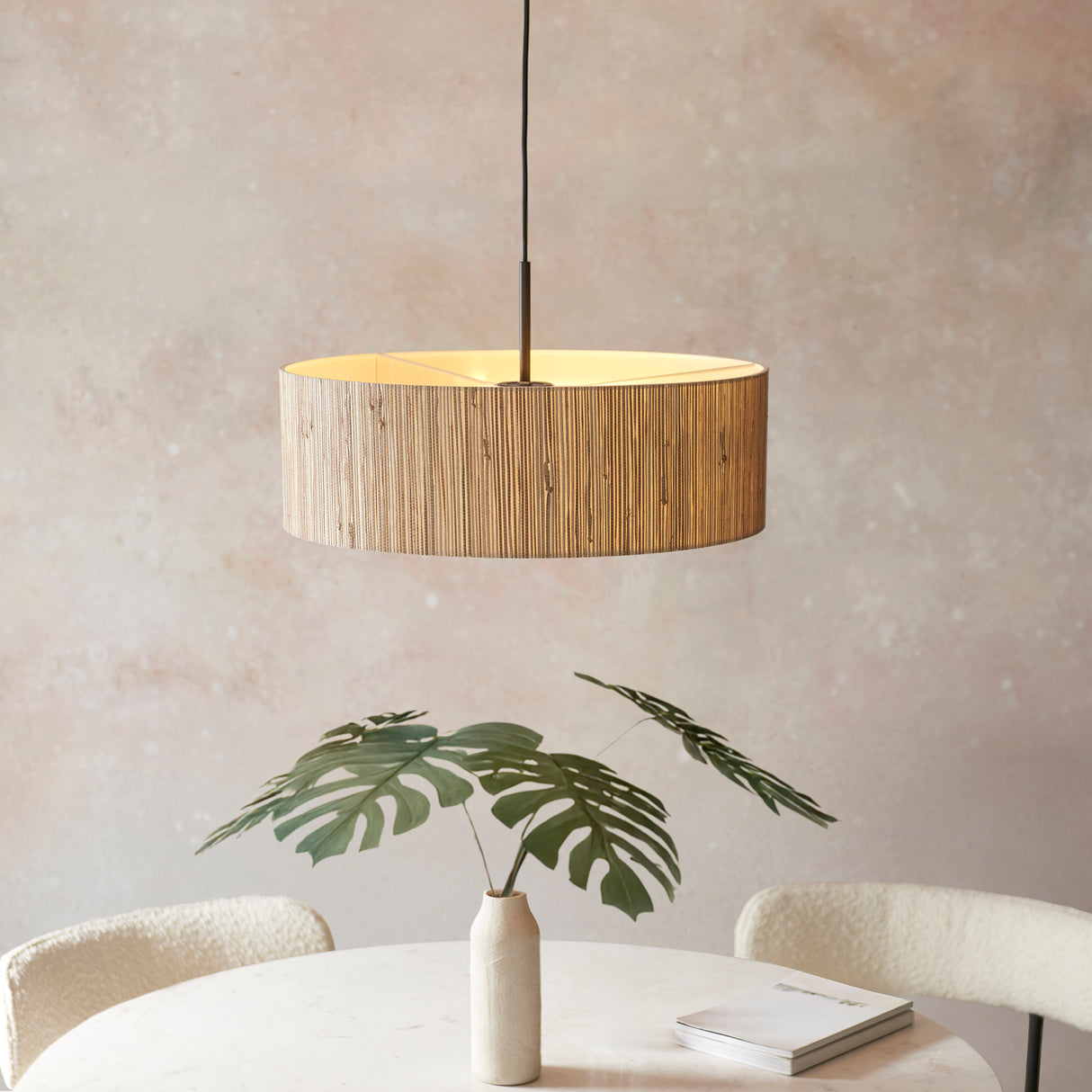 Endon Longshore 3lt Pendant Natural seagrass, matt black & white fabric