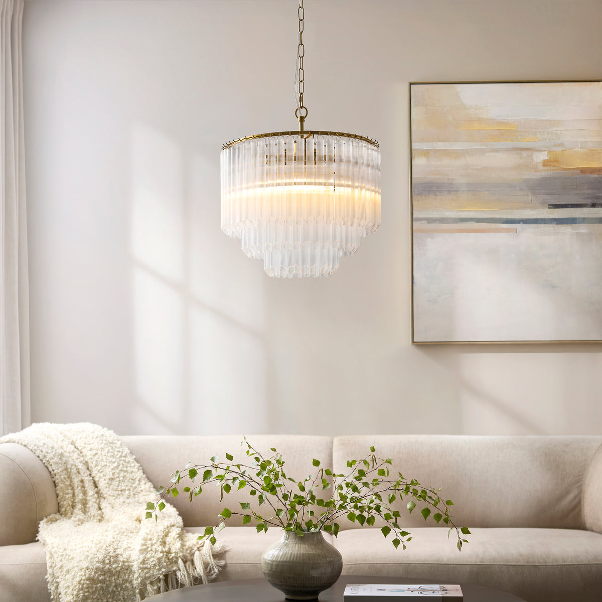 Endon Montpellier 3lt Pendant Brushed aged brass plate & clear ribbed glass