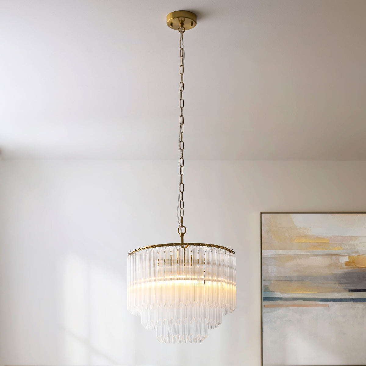 Endon Montpellier 3lt Pendant Brushed aged brass plate & clear ribbed glass