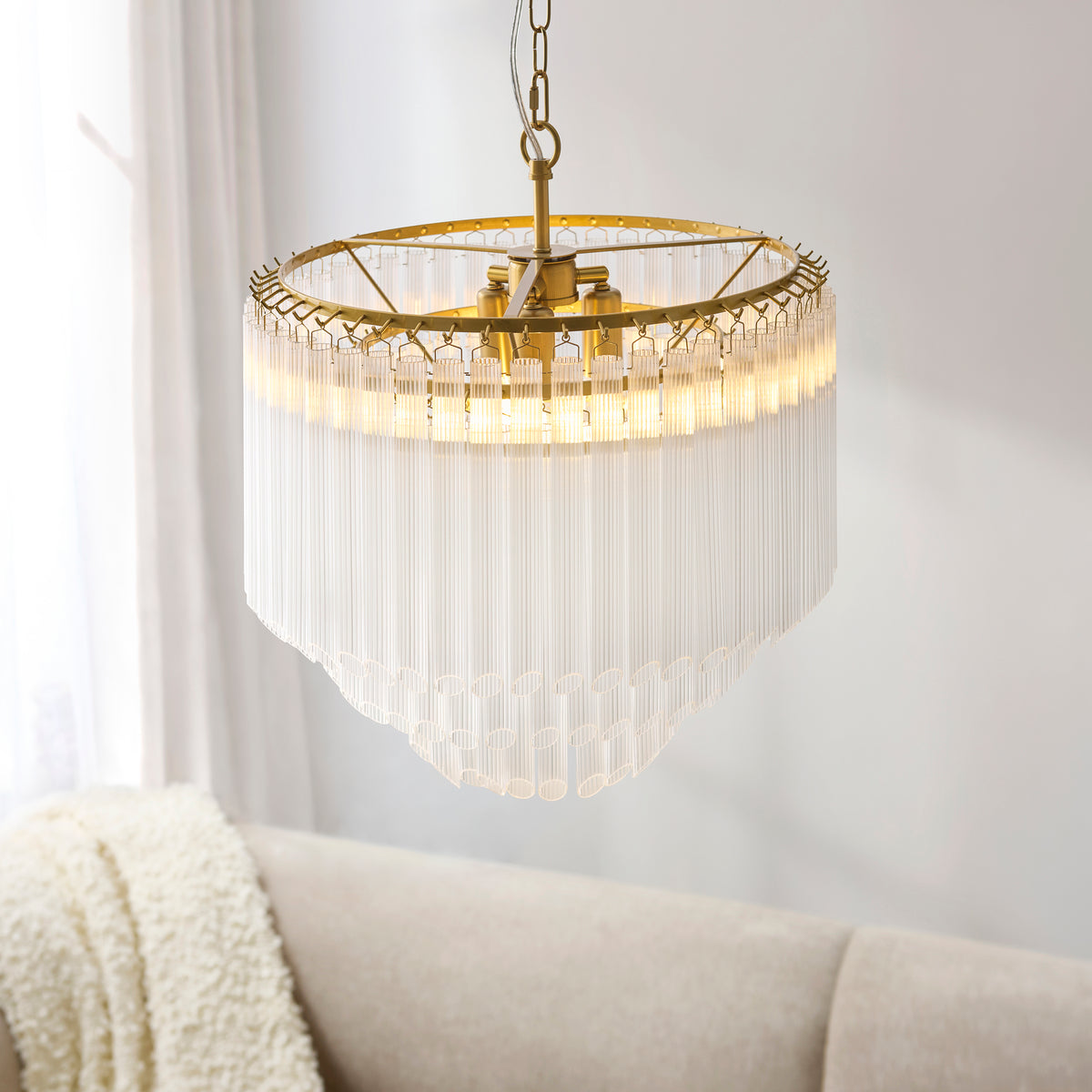 Endon Montpellier 3lt Pendant Brushed aged brass plate & clear ribbed glass