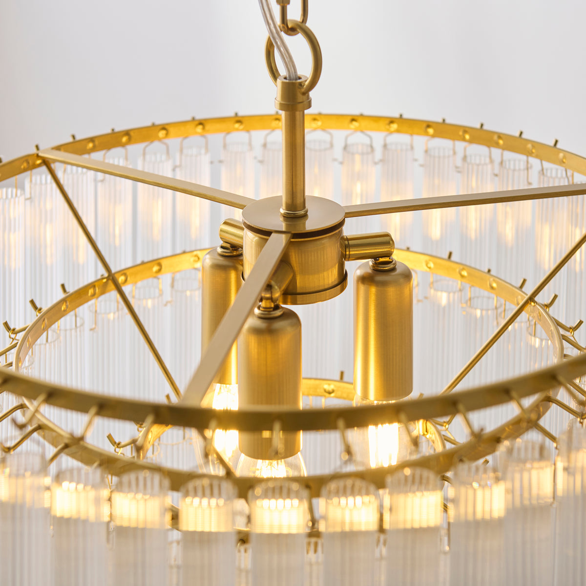 Endon Montpellier 3lt Pendant Brushed aged brass plate & clear ribbed glass