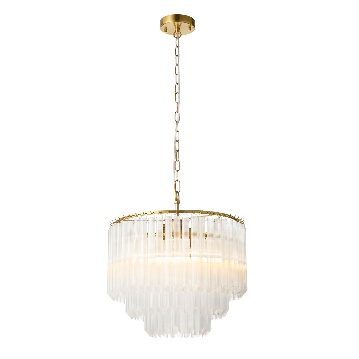 Endon Montpellier 3lt Pendant Brushed aged brass plate & clear ribbed glass