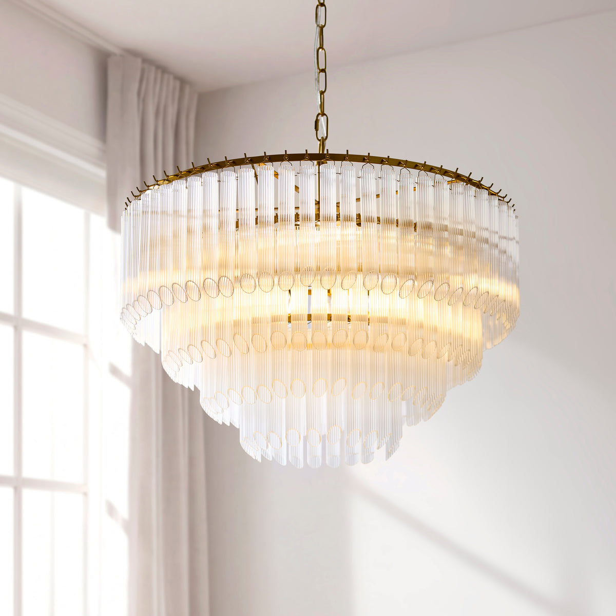 Endon Montpellier 6lt Pendant Brushed aged brass plate & clear ribbed glass