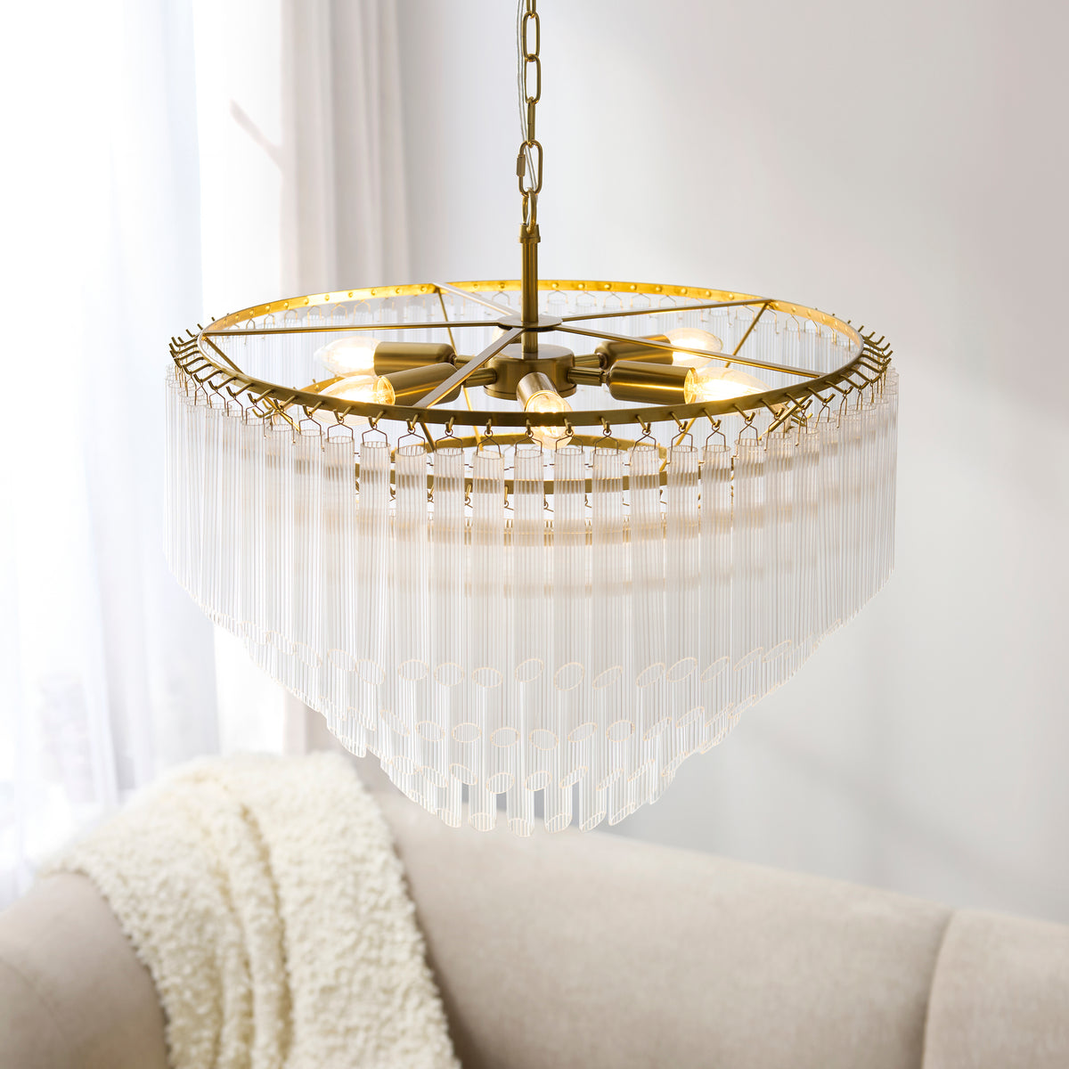 Endon Montpellier 6lt Pendant Brushed aged brass plate & clear ribbed glass